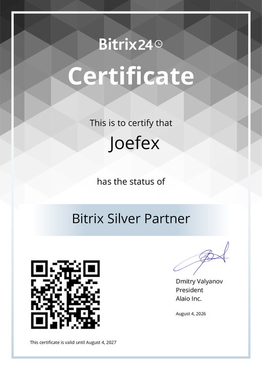 Bitrix24 certificate confirming Joefex holds Bitrix Silver Partner status
