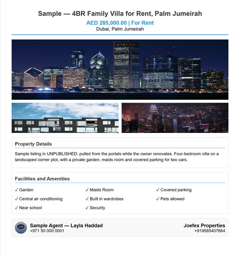 Client-ready brochures generated straight from the listing — photos, amenities and the listing agent's own contact details.