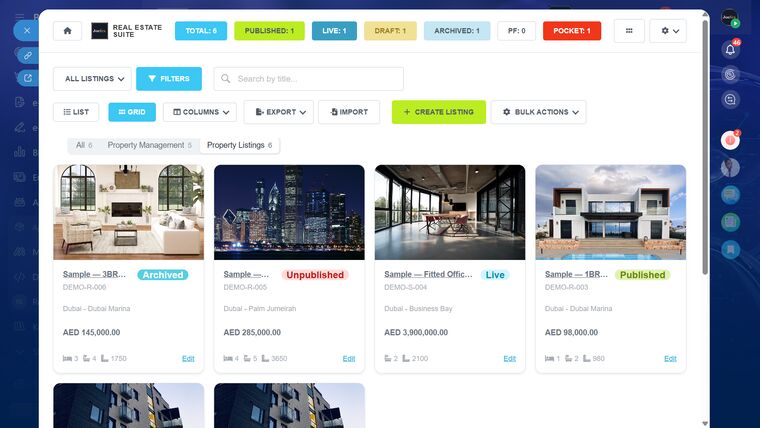 Every listing on one board — status, reference, community, price and bed/bath/size at a glance.