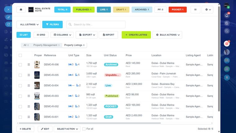 The same portfolio as a sortable table. Pick your columns, filter by status or agent, bulk-edit in place.