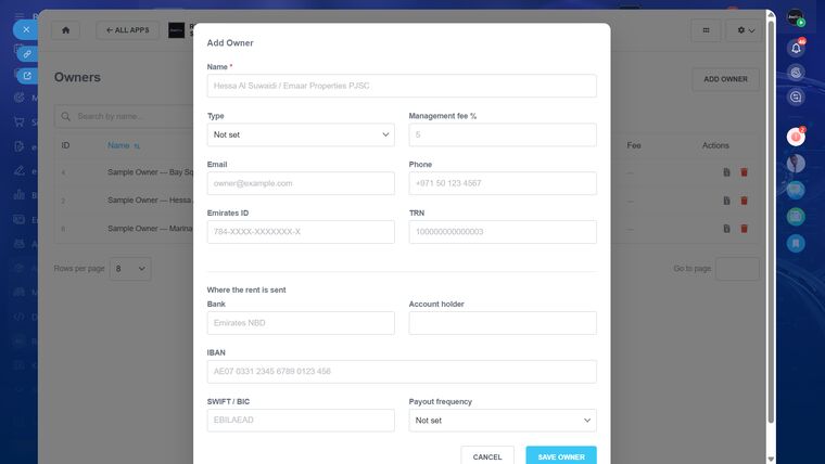 Owner record with management fee, Emirates ID, TRN and bank payout details
