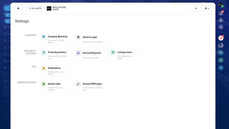 One settings hub: company branding, portal feeds, enquiry routing, notifications and sample data.