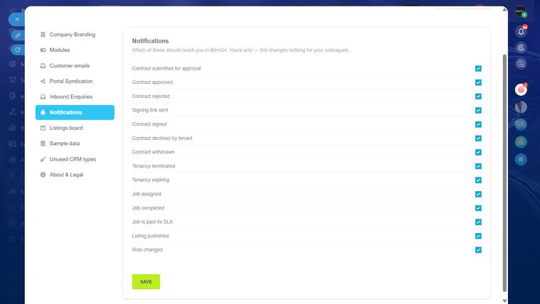 Choose which events reach you in Bitrix24 — contract signed, tenancy expiring, job past its SLA, listing published.