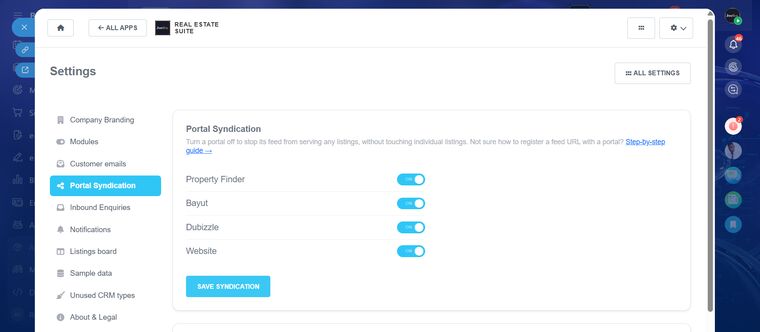 Portal syndication settings showing Property Finder, Bayut, Dubizzle and website toggles
